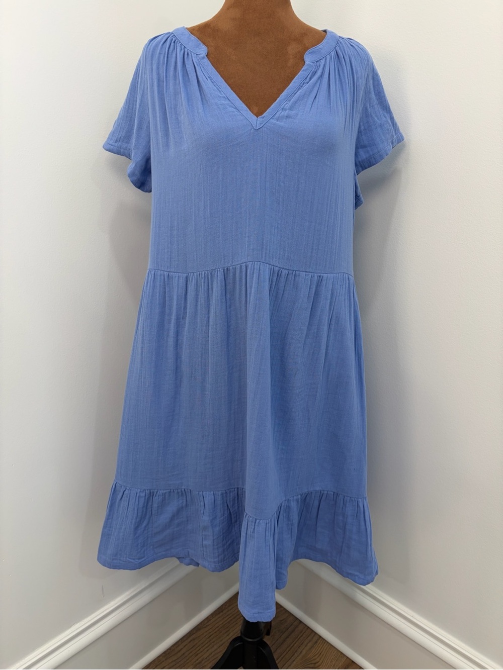 Pact Cornflower Blue V-Neck Tiered Midi Dress Size Medium